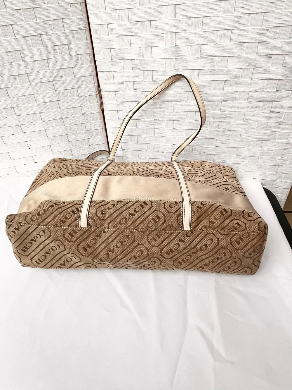 2008 Coach Tan Brown Logo Stripe Tote Bag